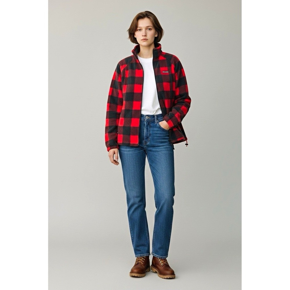 Columbia Womens L Red Black Plaid Full Zip Fleece Jacket AL1372 2021771